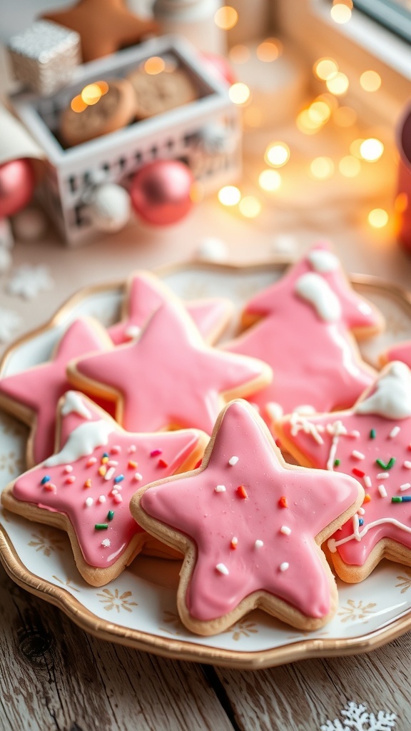 A plate of pink Christmas sugar cookies decorated with icing and sprinkles, set against a festive background.